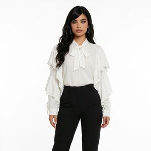 ZARA Trafaluc White Ruffle Statement Sleeve Tie Neck Keyhole Blouse Size XL